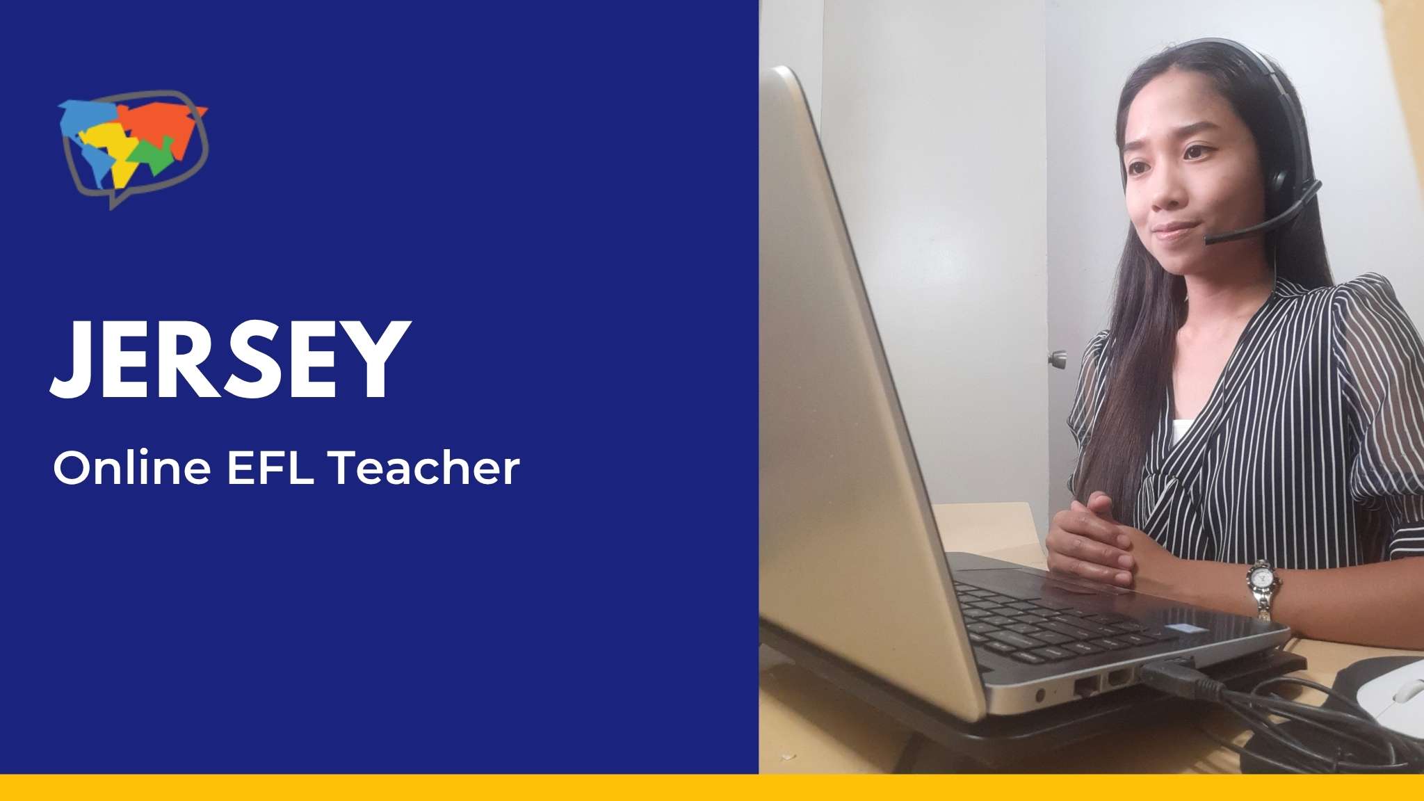 Online English teacher named Jersey teaching from home, wearing a headset and sitting in front of a laptop during an online EFL lesson.