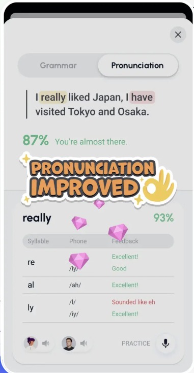 Screenshot from the Loora app showing a practice conversation about Japan and a reward graphic that says "Pronunciation Improved."