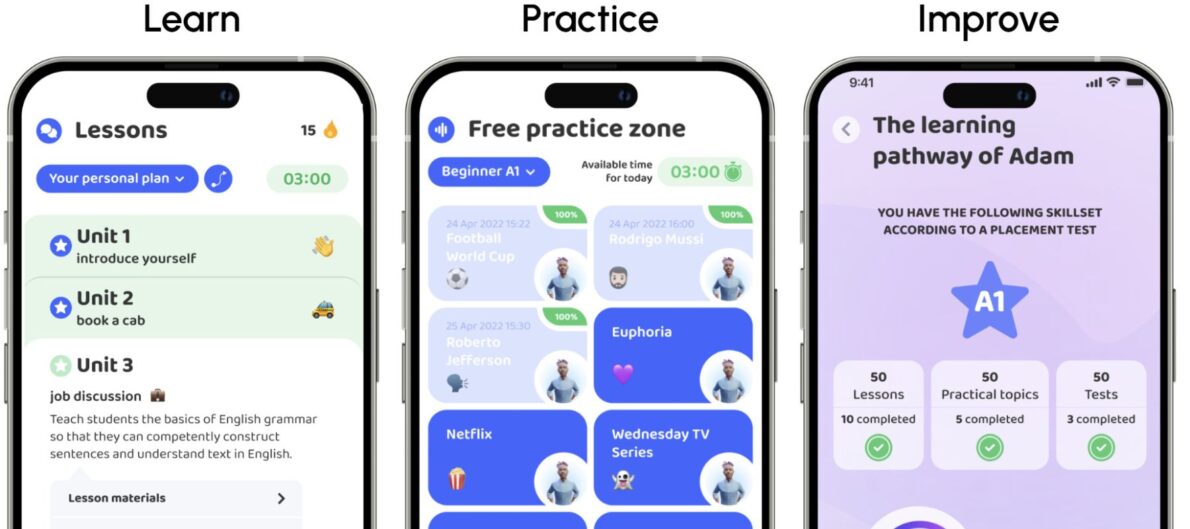 Screenshot of three smartphones displaying different features of the Praktika app, with the words "Learn Practice Improve" above them.
