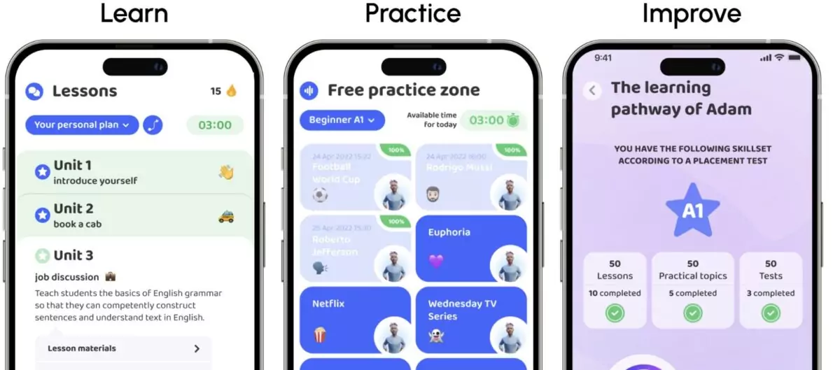 Screenshot of three smartphones displaying different features of the Praktika app, with the words "Learn Practice Improve" above them.