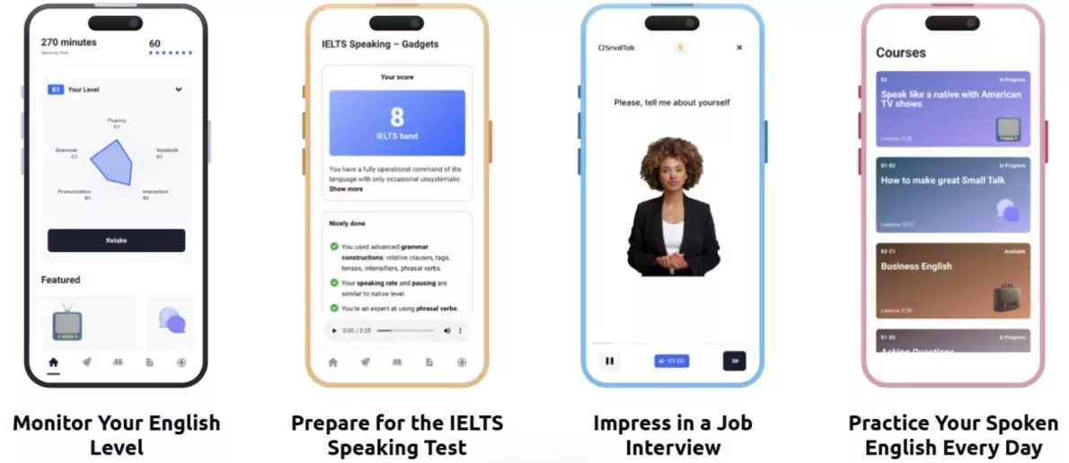 Image of four smartphones displaying SmallTalk2Me app features, with text: "Monitor your English level," "Prepare for the IELTS speaking test," "Impress in a job interview," and "Practice your spoken English every day."