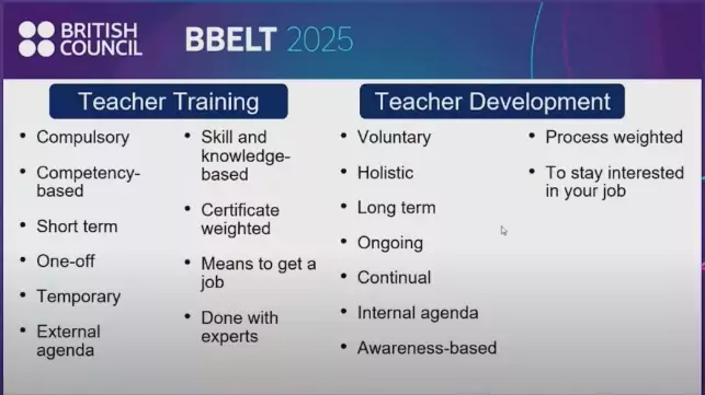A screenshot of Jorge Chacón's presentation showing the difference between teacher training and teacher development