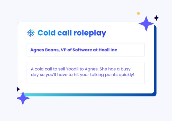A screenshot from Yoodli showing a prompt to help the student practice giving a sales pitch to a busy VP of software