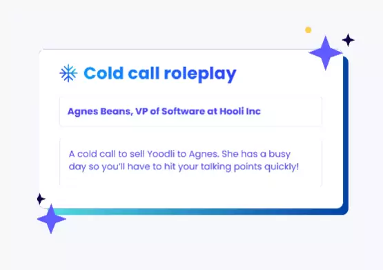 A screenshot from Yoodli showing a prompt to help the student practice giving a sales pitch to a busy VP of software
