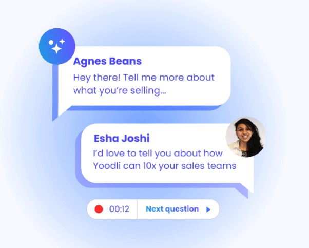 A screenshot showing how Yoodli works featuring a practice conversation in which the student must give a sales pitch to a vice president