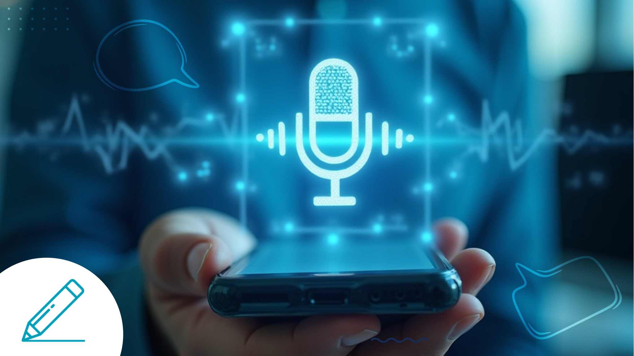 A graphic showing someone holding a smartphone with a microphone icon and speech bubbles