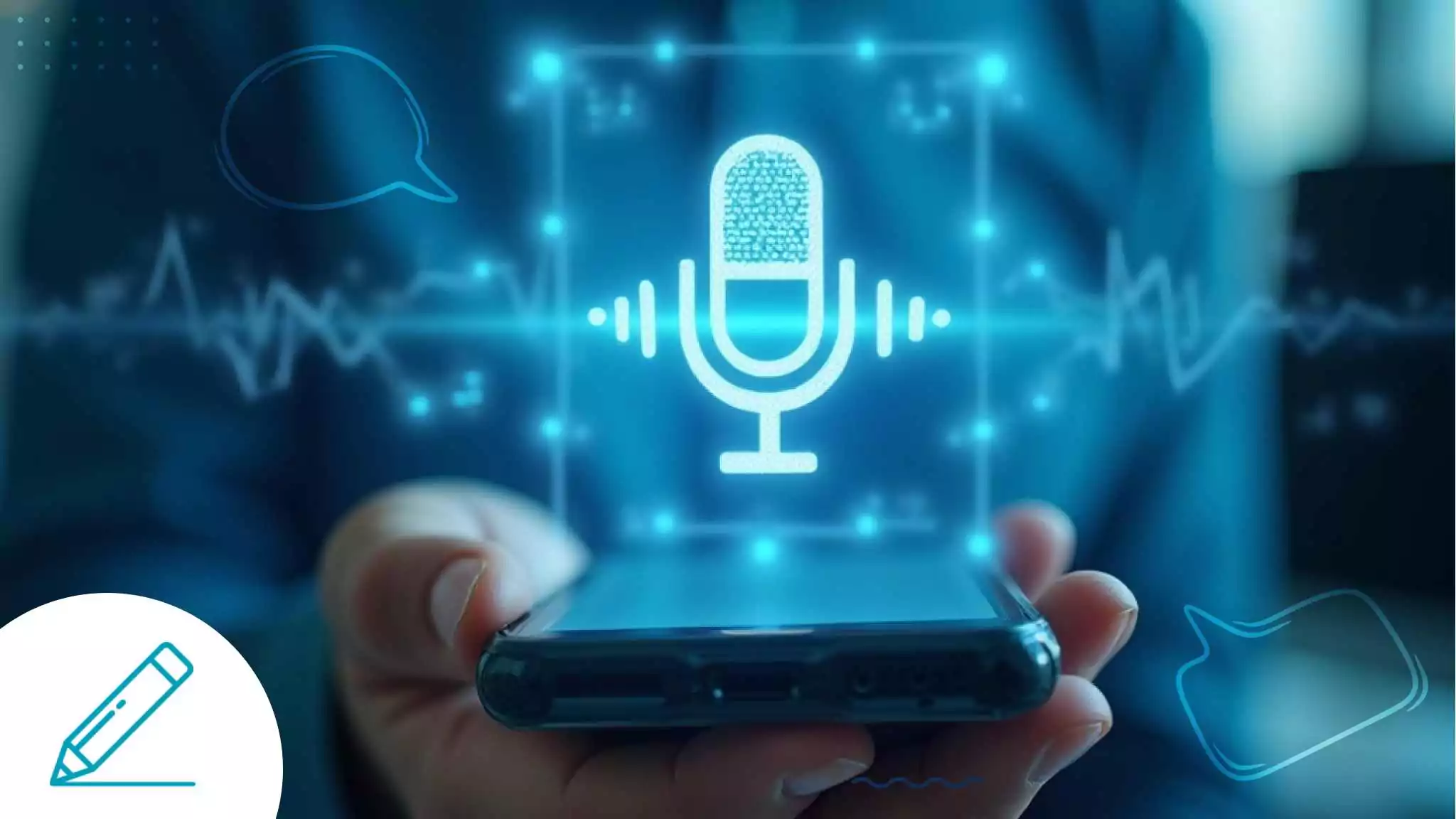A graphic showing someone holding a smartphone with a microphone icon and speech bubbles