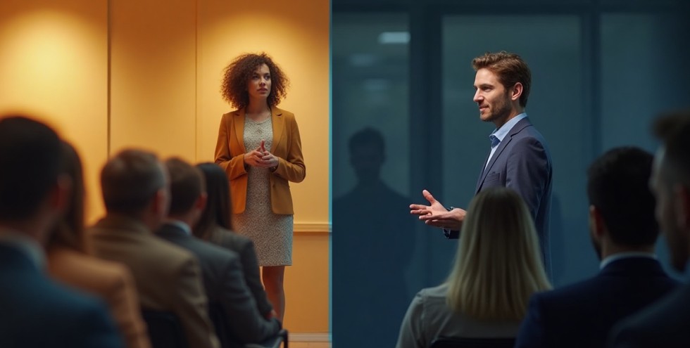 Professionals presenting in English to business audiences, demonstrating confidence and stage presence.