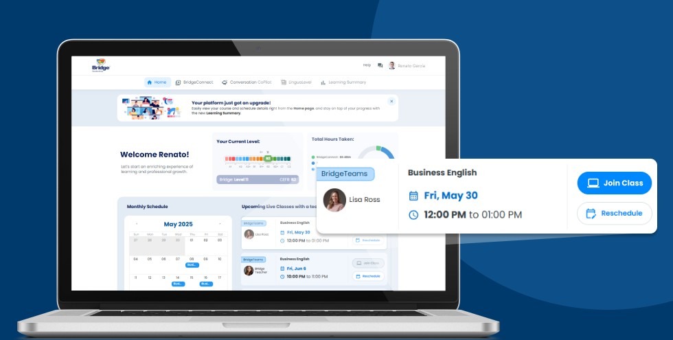 Screenshot of Bridge’s Learner Platform displaying a scheduled Business English class with options to join or reschedule.