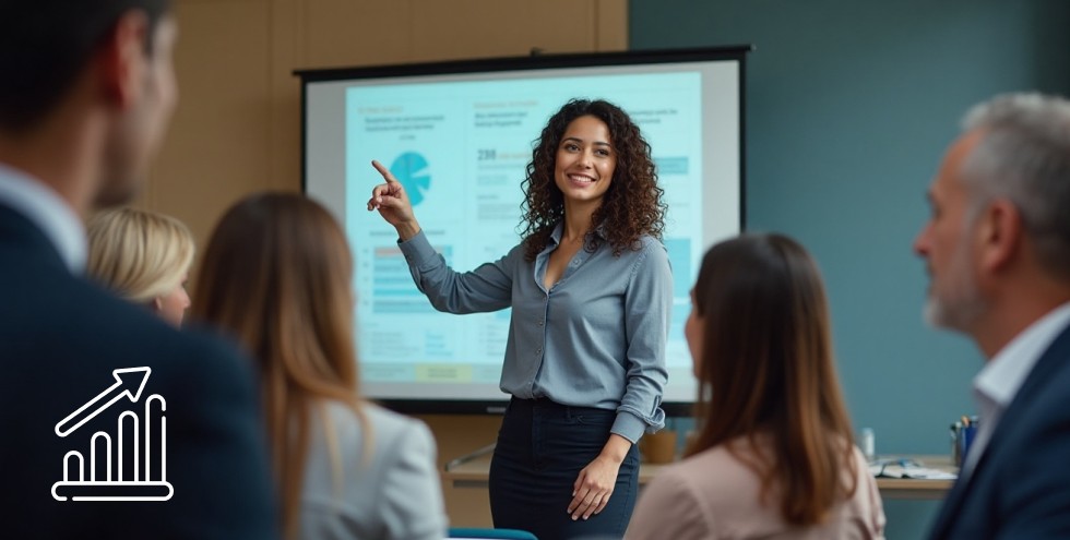 Professional practicing an English presentation in front of a laptop in a calm, focused setting.