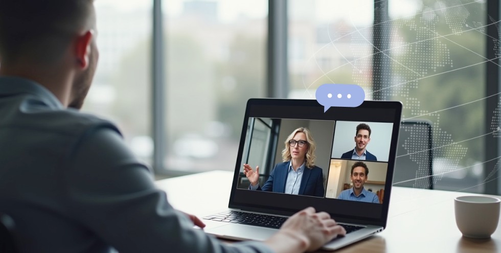 Professional attending a virtual English presentation with international colleagues from his laptop