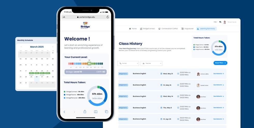 Mobile and desktop views of Bridge’s Learner Platform displaying current level, total hours, and class history summary.