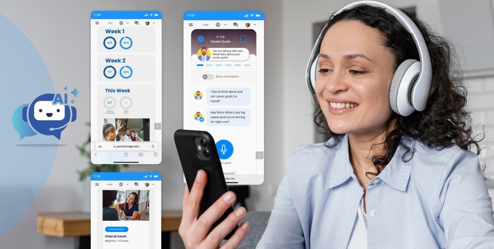 Latina woman wearing headphones using a mobile English learning app with conversational AI.