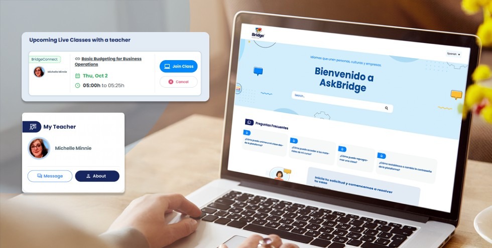 View of AskBridge platform on laptop with FAQs and teacher Michelle Minnie’s profile alongside a scheduled live class.
