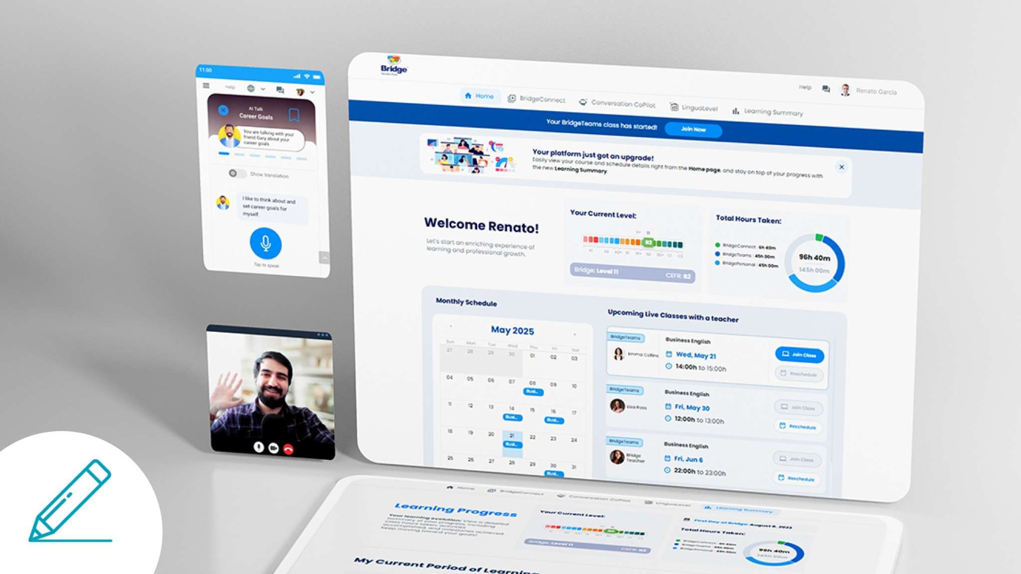 Screenshot of Bridge’s Learner Platform showing live class calendar, learning progress, and smart practice tools.