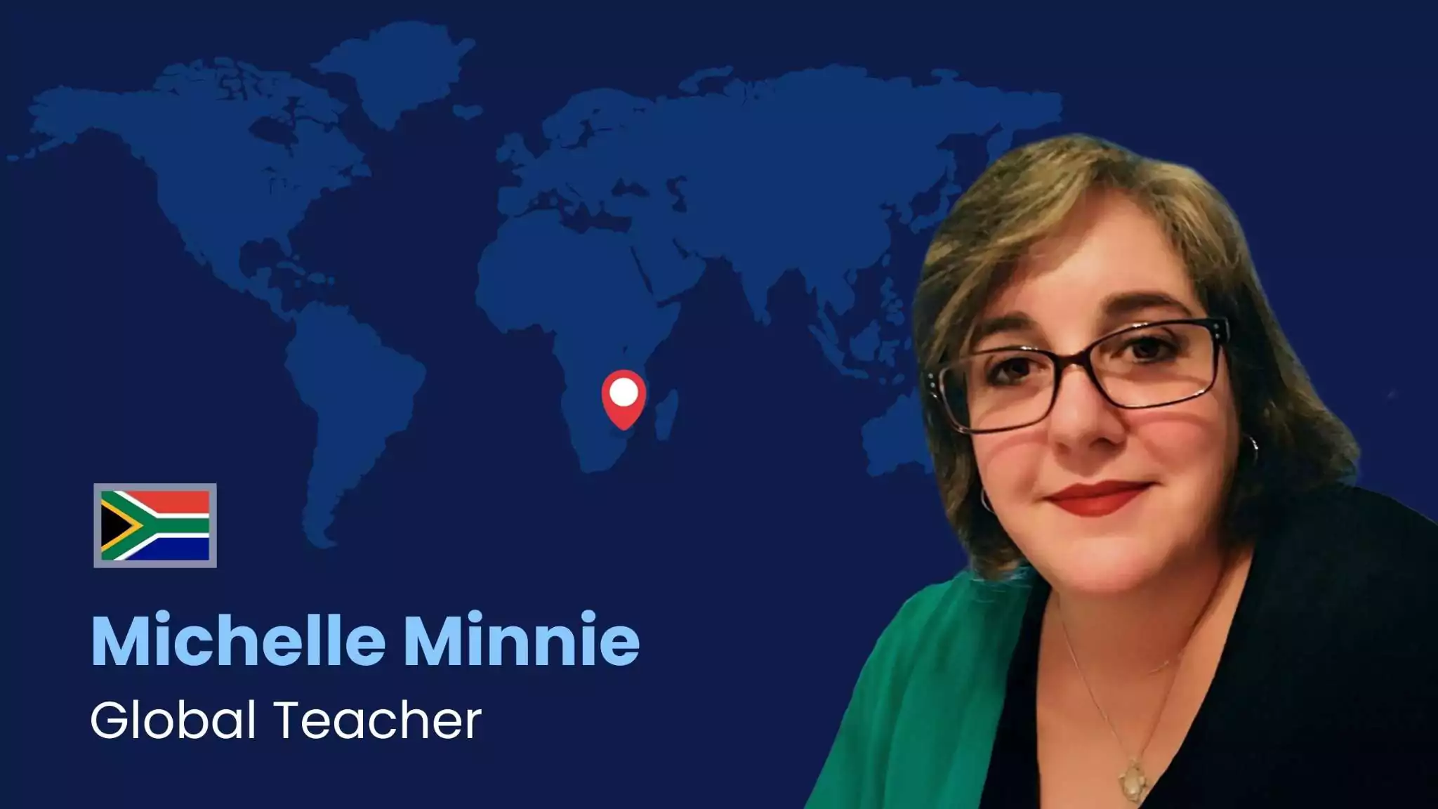 Michelle Minnie, Global Teacher de Bridge, con fondo de mapa mundial destacando Sudáfrica.
