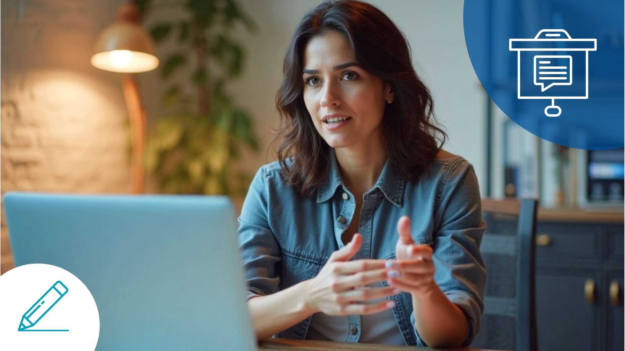 Professional speaking confidently during a video call, preparing an English presentation.