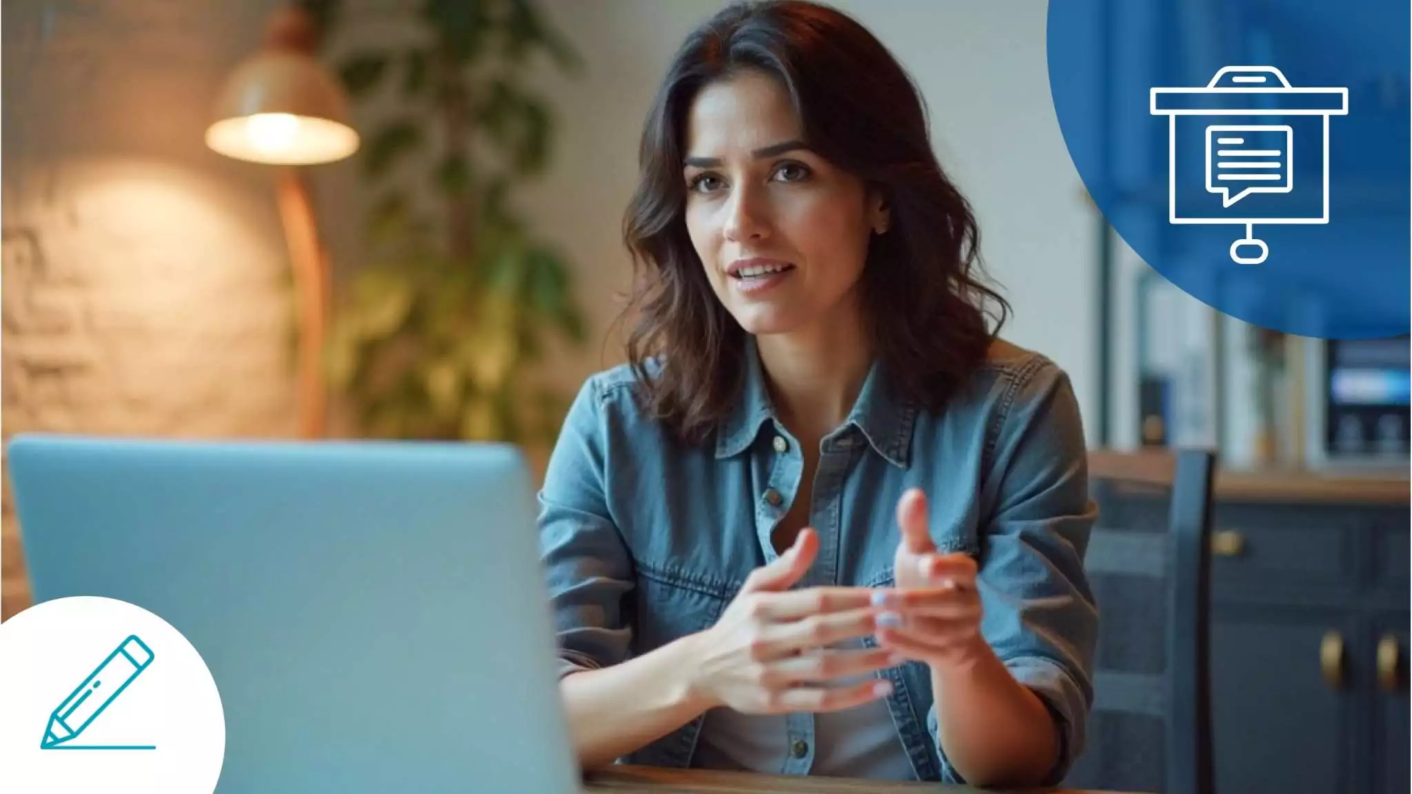 Professional speaking confidently during a video call, preparing an English presentation.