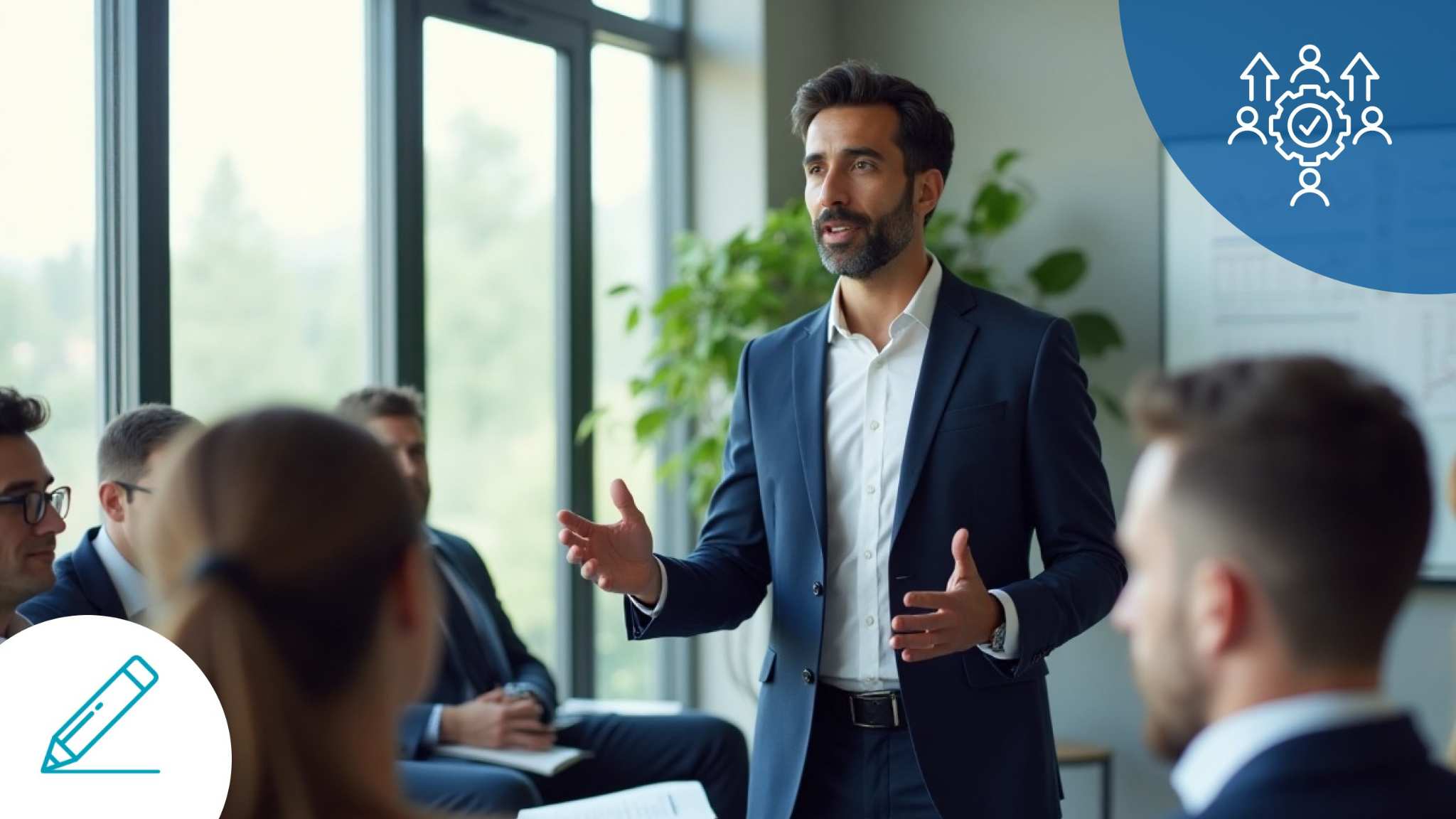 Business leader delivering a presentation in English to a team in a modern meeting room.