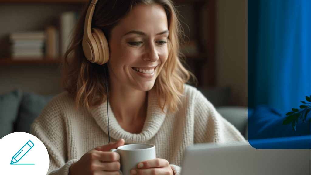 Mujer joven con auriculares y taza de café, sonriente mientras estudia en línea.
