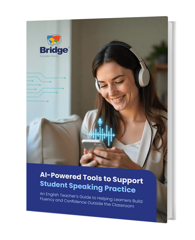 An ebook cover showing a smiling woman using an AI-powered app to practice her English speaking skills