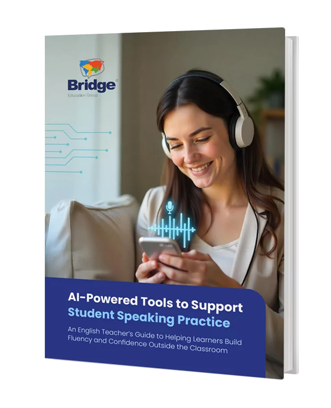 An ebook cover showing a smiling woman using an AI-powered app to practice her English speaking skills