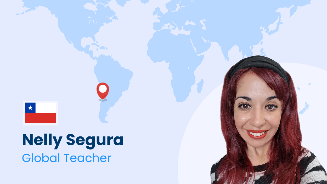 Retrato de Nelly Segura, profesora global de Bridge, con fondo de mapa mundial y bandera de Chile.