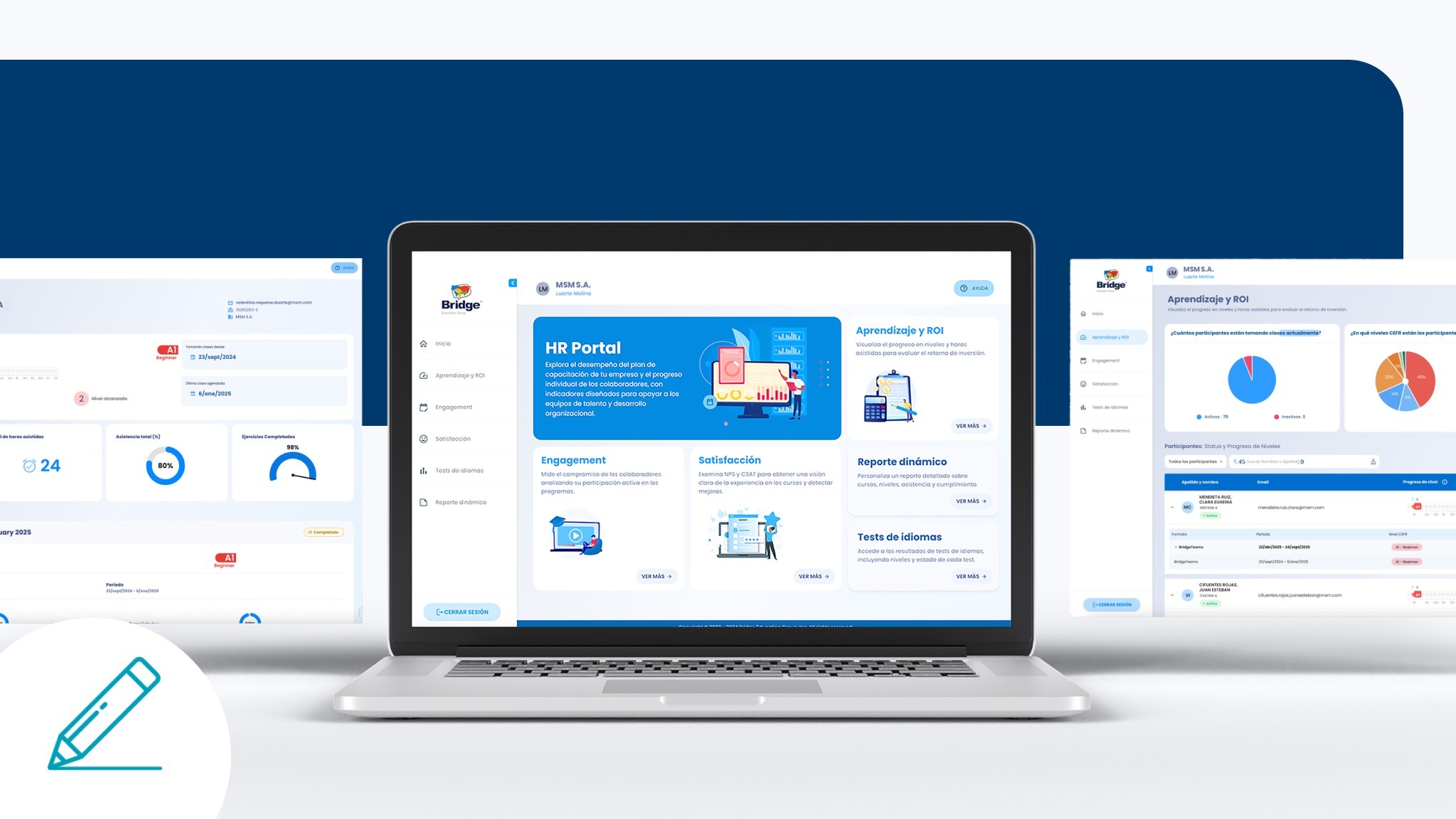 Vista del HR Portal de Bridge mostrando paneles con métricas de participación, aprendizaje, ROI y satisfacción de empleados.