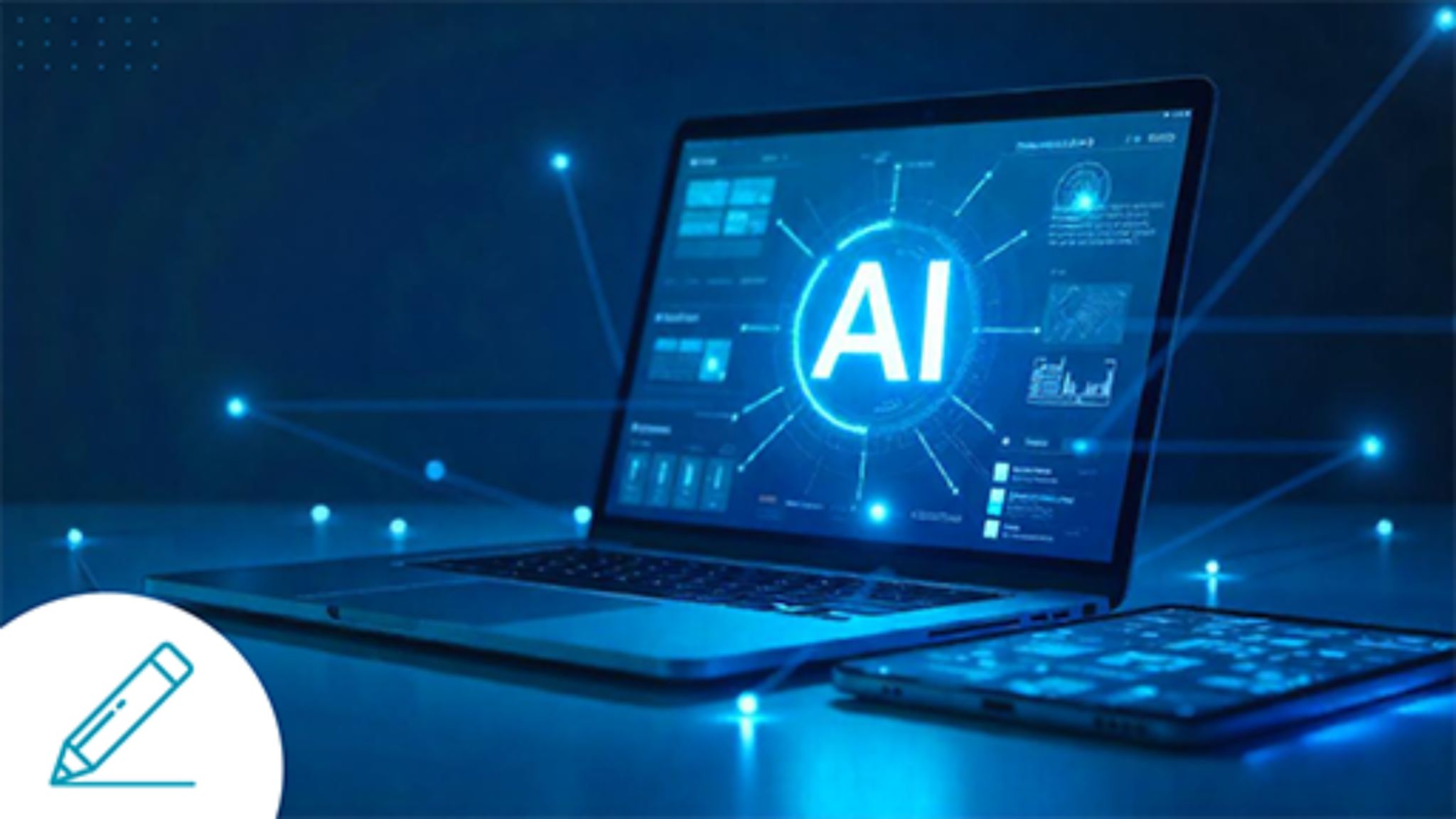 An image representing technology and AI integration in the ELT classroom, with a laptop showing the letters AI, next to a tablet on a desk
