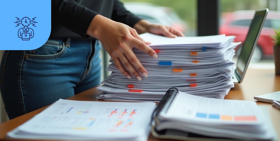 Pila de documentos impresos representando sobrecarga laboral y dificultad para priorizar el estudio.