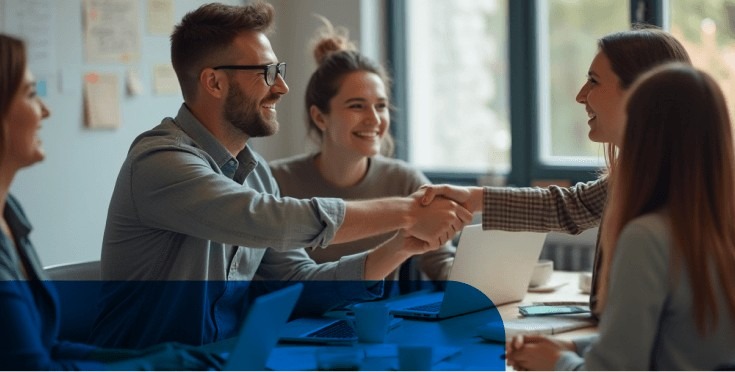 Work team celebrating and connecting during an informal meeting.