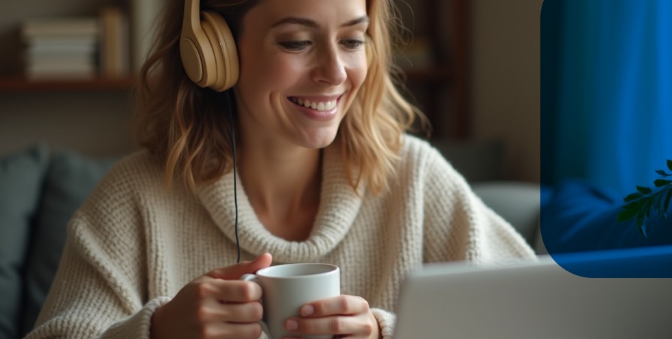 Mujer disfrutando una clase virtual de idiomas desde casa, con auriculares y taza en mano.