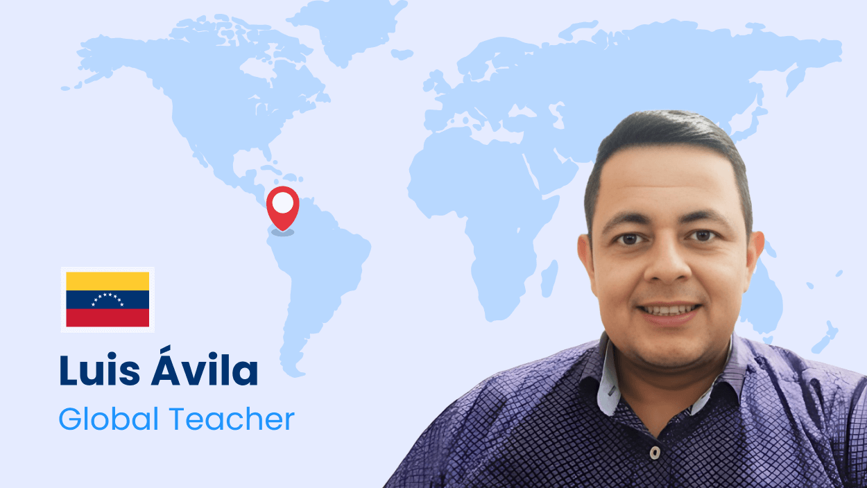 Retrato de Luis Ávila, Global Teacher de Bridge, sobre un fondo con mapa del mundo y ubicación en Colombia