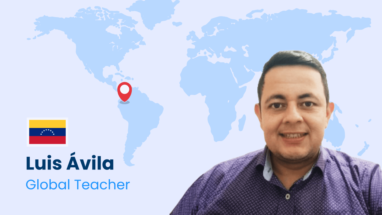 Portrait of Luis Ávila, Bridge Global Teacher, in front of a world map background with a location marker on Colombia