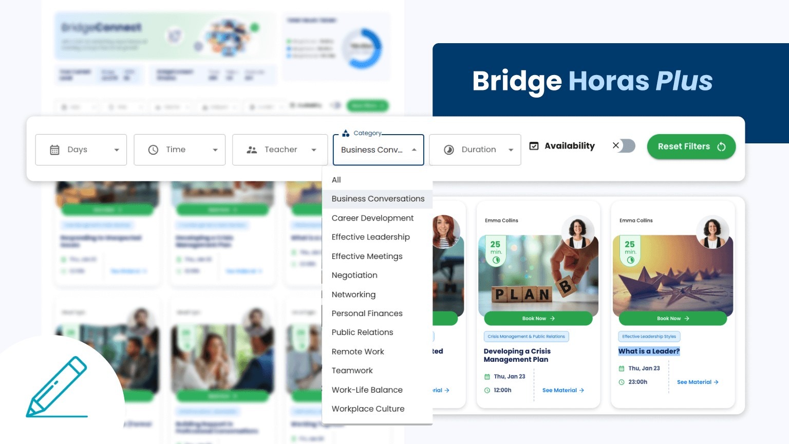 Interfaz de BridgeConnect mostrando filtros para elegir clases de inglés corporativo por día, hora, profesor, categoría y duración