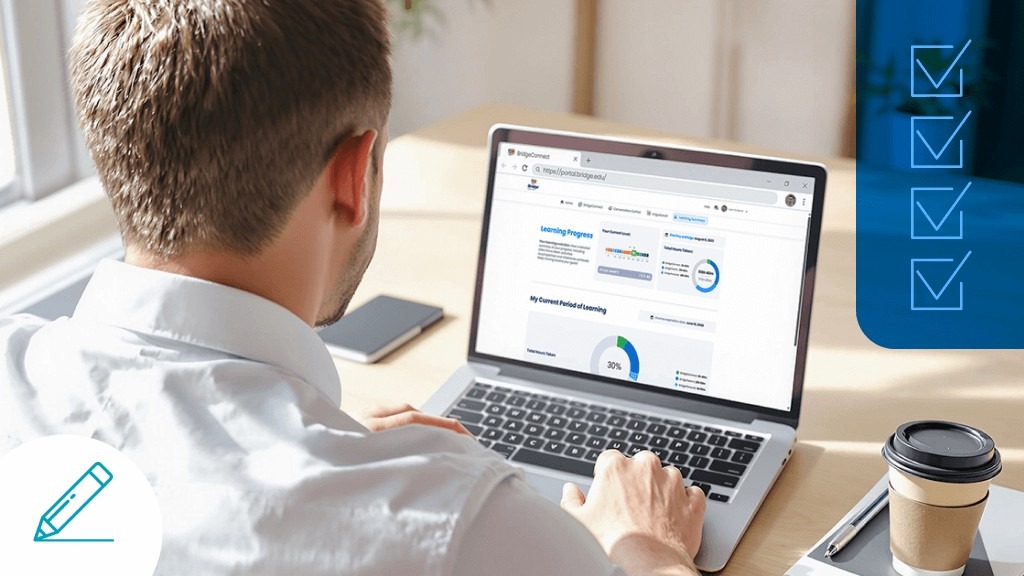 Professional male using a laptop to track learning progress on the BridgeConnect platform.