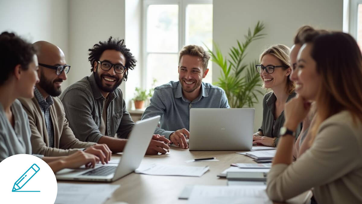Equipo diverso de profesionales sonriendo y colaborando en una reunión de trabajo con laptops y documentos