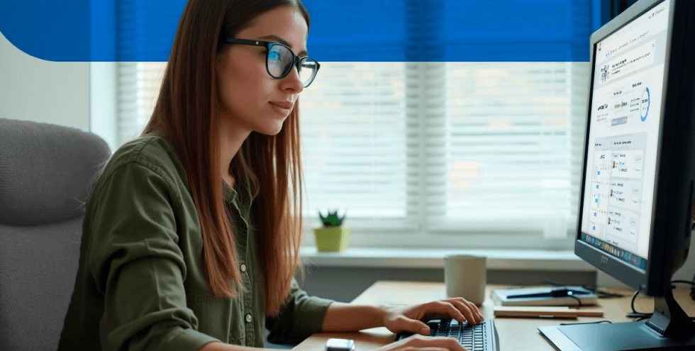Mujer profesional trabajando frente a una computadora con una plataforma de formación online abierta.