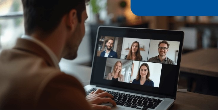 Profesional participando en una videoconferencia con colegas en la pantalla de un portátil.