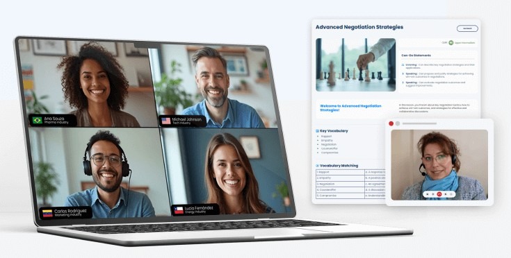 Clase virtual de inglés corporativo con cuatro participantes y materiales digitales de aprendizaje en pantalla