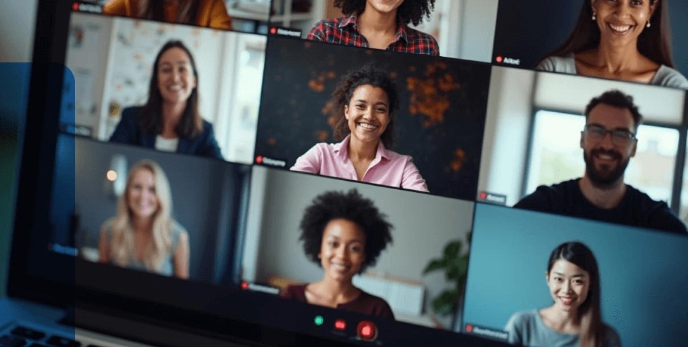 Personas de diferentes culturas participando en una videollamada grupal de formación online.