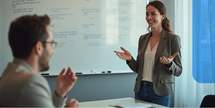 Female professional presenting in a meeting room with colleagues.