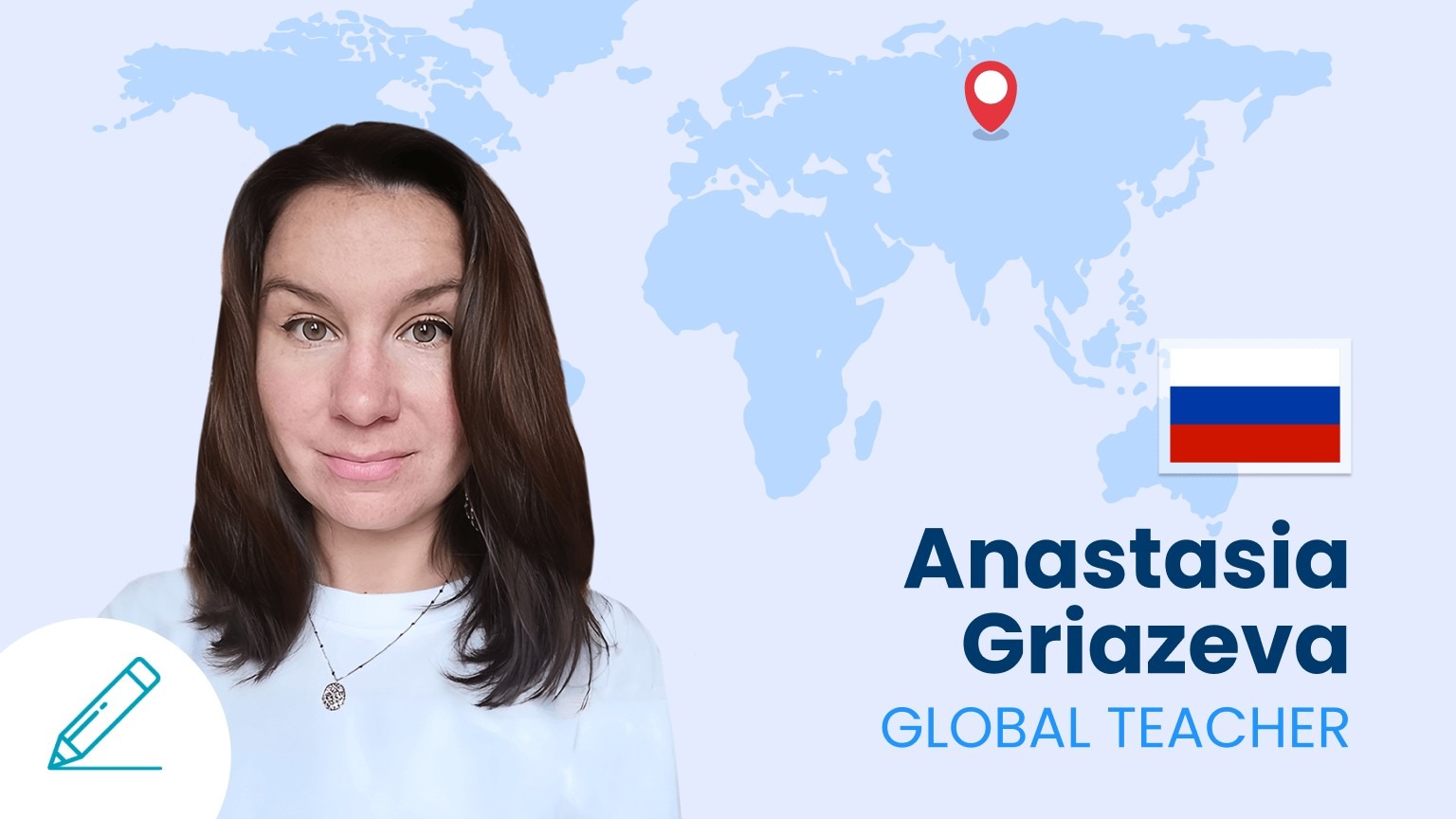 Retrato de Anastasia Griazeva, Global Teacher de Bridge, sobre un fondo con mapa mundial y bandera de Rusia
