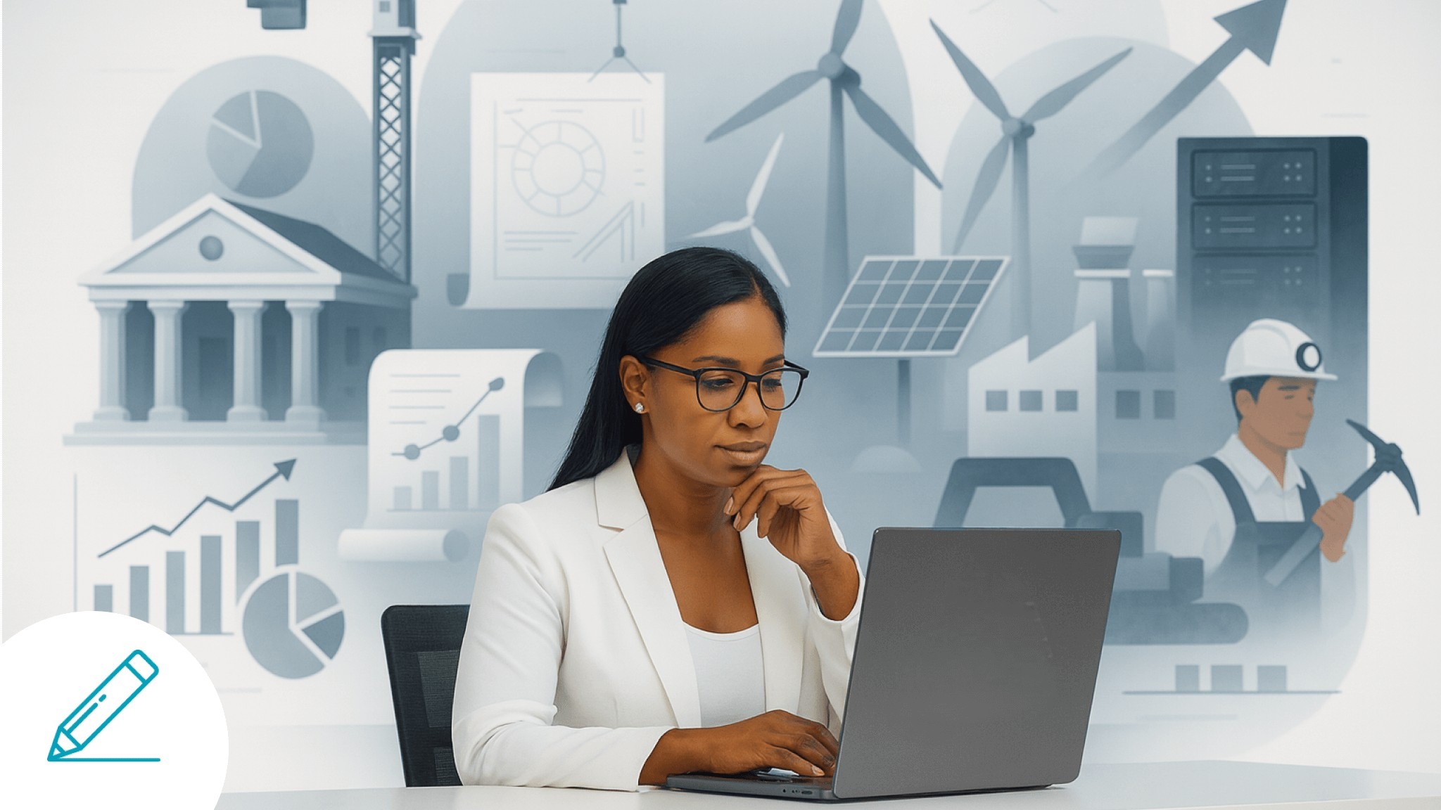 Profesional trabajando en laptop con ilustraciones de sectores industriales y gráficos empresariales en el fondo