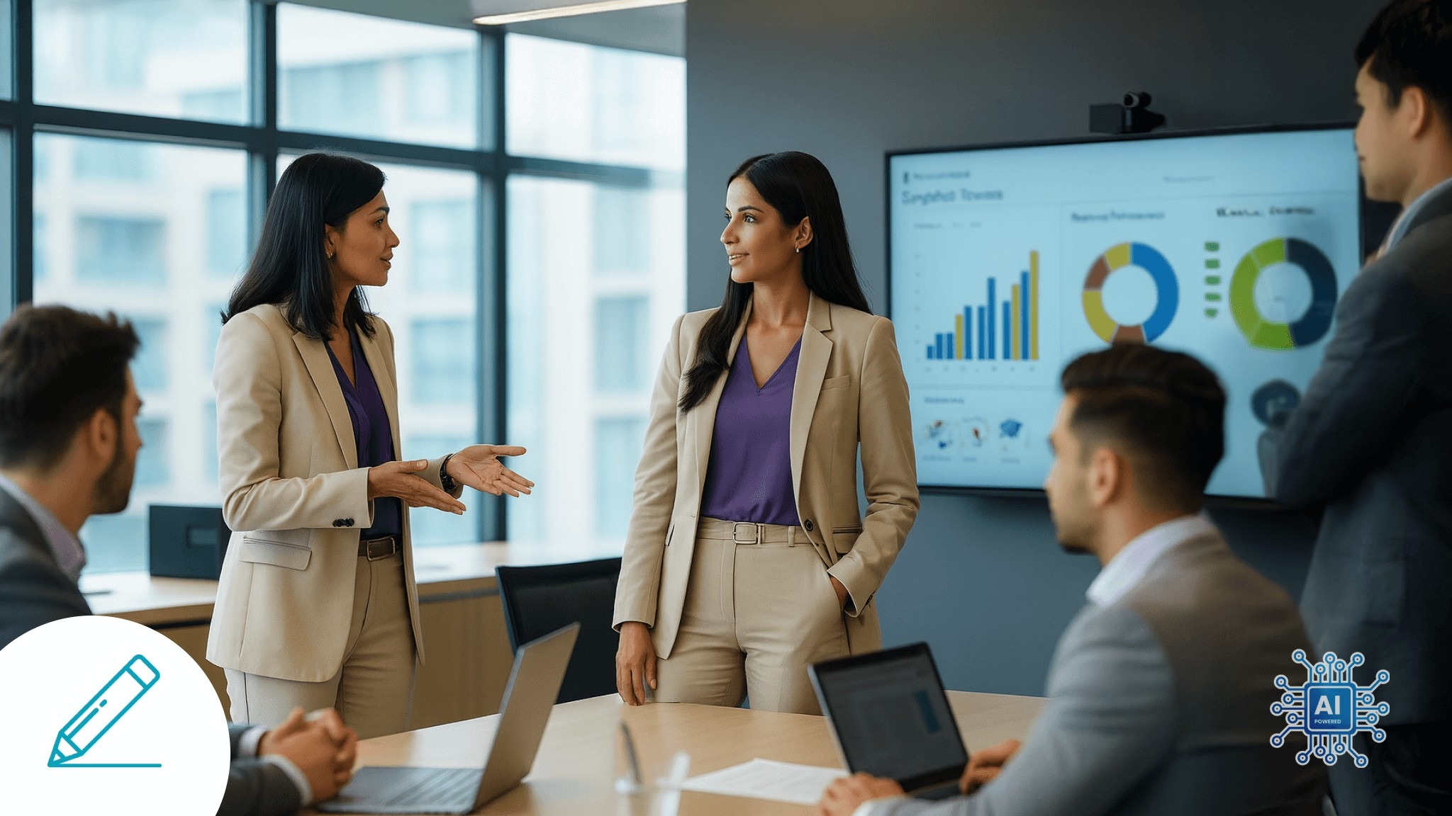 Reunión de equipo corporativo con gráficas en pantalla y dos mujeres líderes conversando sobre resultados