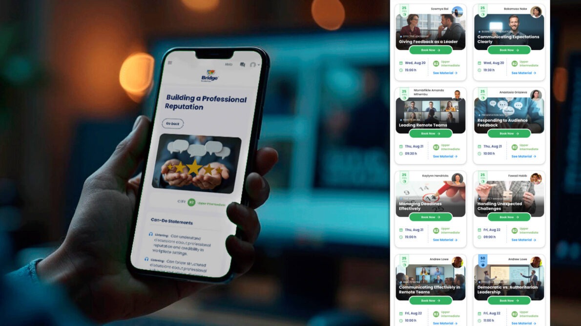 Interfaz de BridgeConnect mostrando clases disponibles por tema y una lección abierta en un dispositivo móvil 