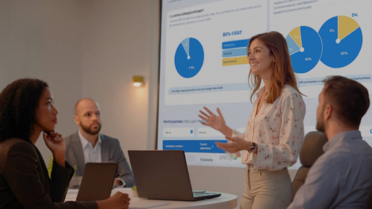 Profesional presentando métricas en pantalla durante una reunión con su equipo
