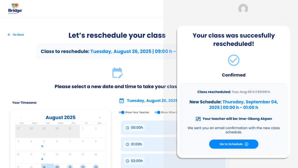 Interfaz de la plataforma Bridge mostrando la reprogramación exitosa de una clase con nueva fecha y horario