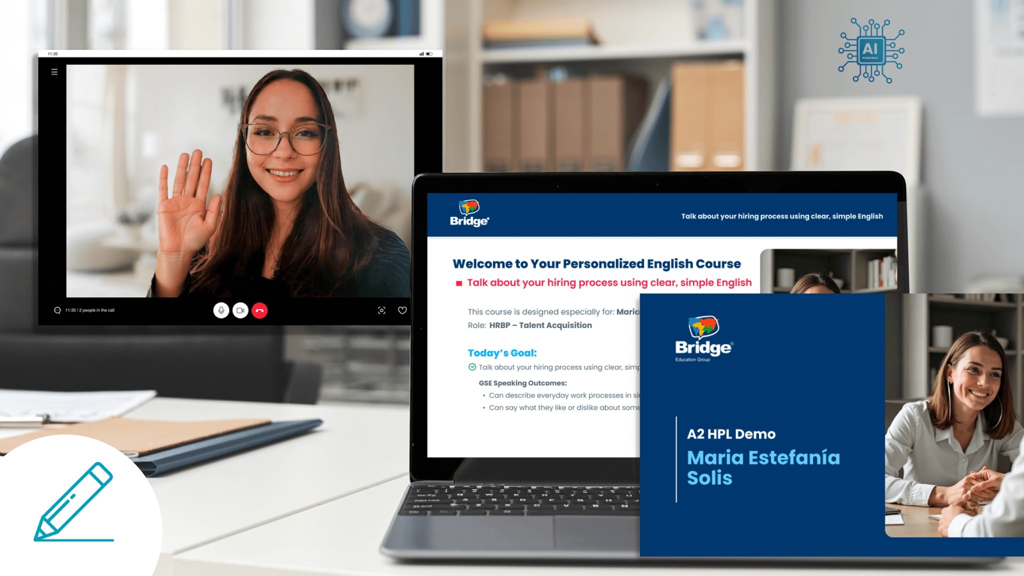 Clases personalizadas de inglés en línea con materiales adaptados al trabajo del learner y tecnología de inteligencia artificial