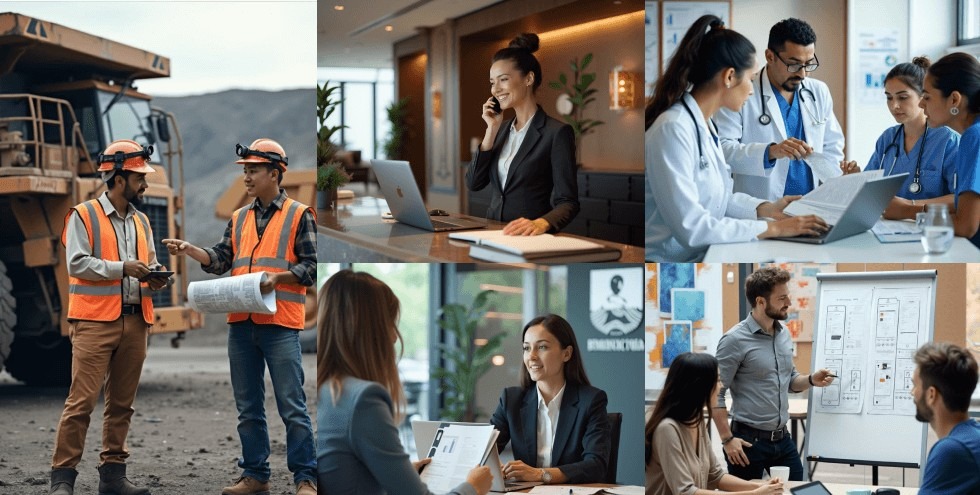 Profesionales de distintas industrias como minería, salud, tecnología y servicios participando en reuniones y actividades laborales